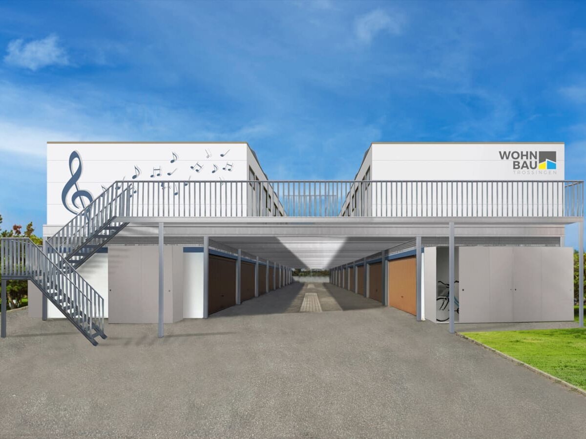 Visualisierung: XSCUBES-Wohnmodule über einer Garagenanlage