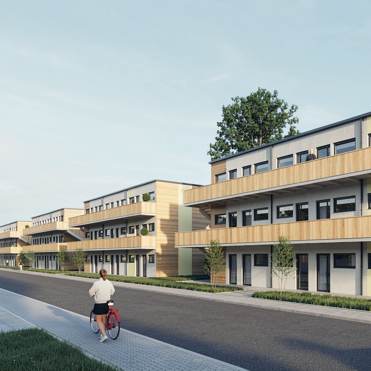 Visualisierung: mehrgeschossige Reihenbebauung aus XSCUBES-Modulen an einer Straße