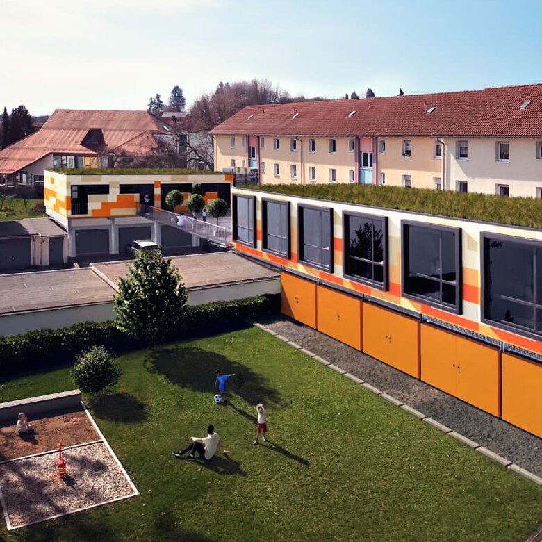 Visualisierung: Wohnmodule über Garagen im Innenhof einer bestehenden Wohnanlage